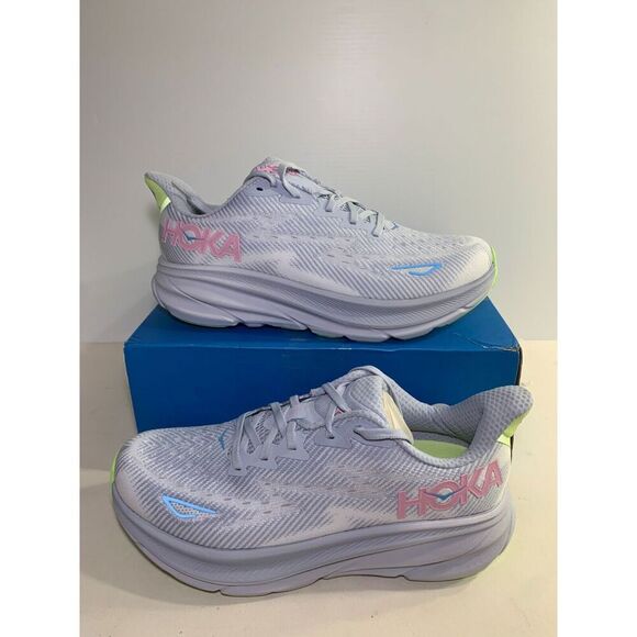 Hoka One One Shoes - .4174 Hoka Clifton 9 Wide, Grey/Blue, Womens Running Shoes-US 9.5 Womens